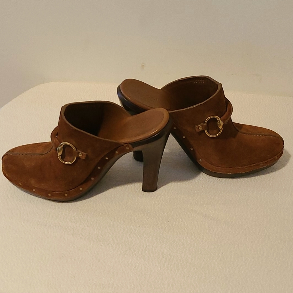 GUCCI SUEDE BROWN HIGH HEEL CLOGS - Picture 4 of 11